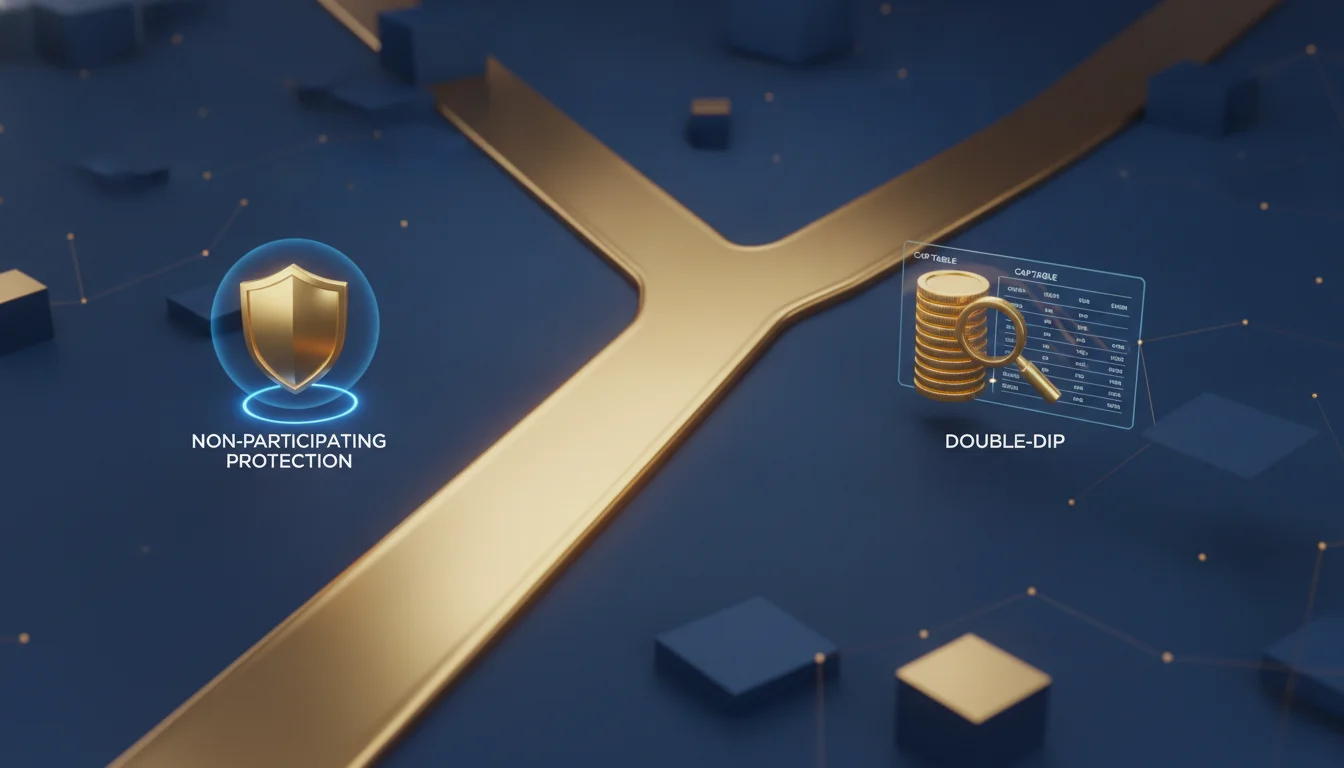 A conceptual digital illustration of a fork in a golden road. One path leads to a solid shield icon representing non-participating protection, while the other leads to a 'double-dip' icon featuring layered gold coins and a magnifying glass over a cap table. Modern fintech style, professional blue and gold lighting, minimalist 3D rendering.