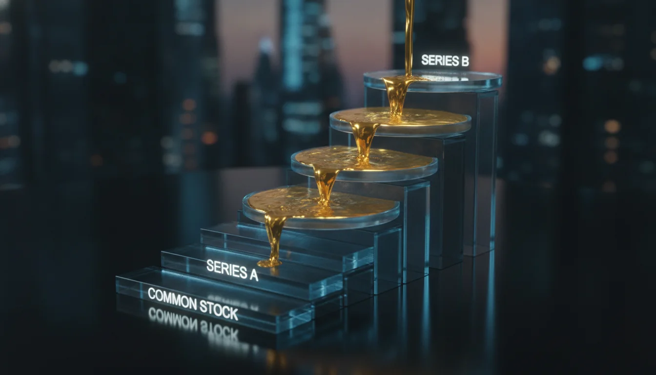 An intricate 3D architectural visualization of a 'preference stack' represented as glowing glass plates stacked vertically. Liquid gold cascades down the layers like a waterfall, filling the top levels labeled 'Series B' and 'Series A' first, while the base layer 'Common Stock' remains empty. Hyper-realistic, professional lighting, 8k resolution, financial abstract art.