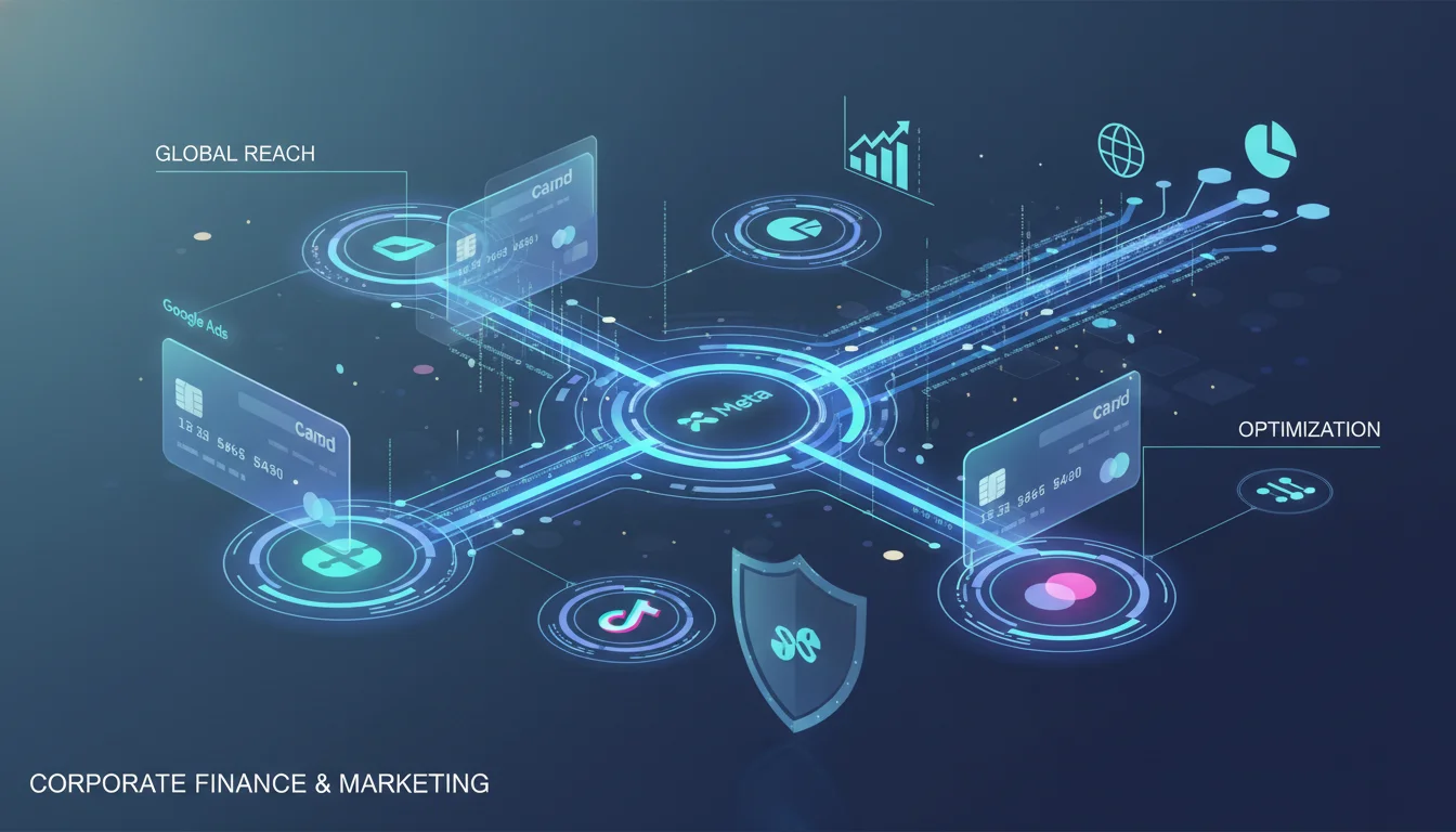 Abstract depiction of virtual credit cards seamlessly integrating into a complex network of digital advertising platforms (Google Ads, Meta, TikTok logos subtly visible), with data streams flowing efficiently. Emphasize security, global reach, and optimization for corporate finance and marketing teams. Futuristic, clean design with a subtle glow.
