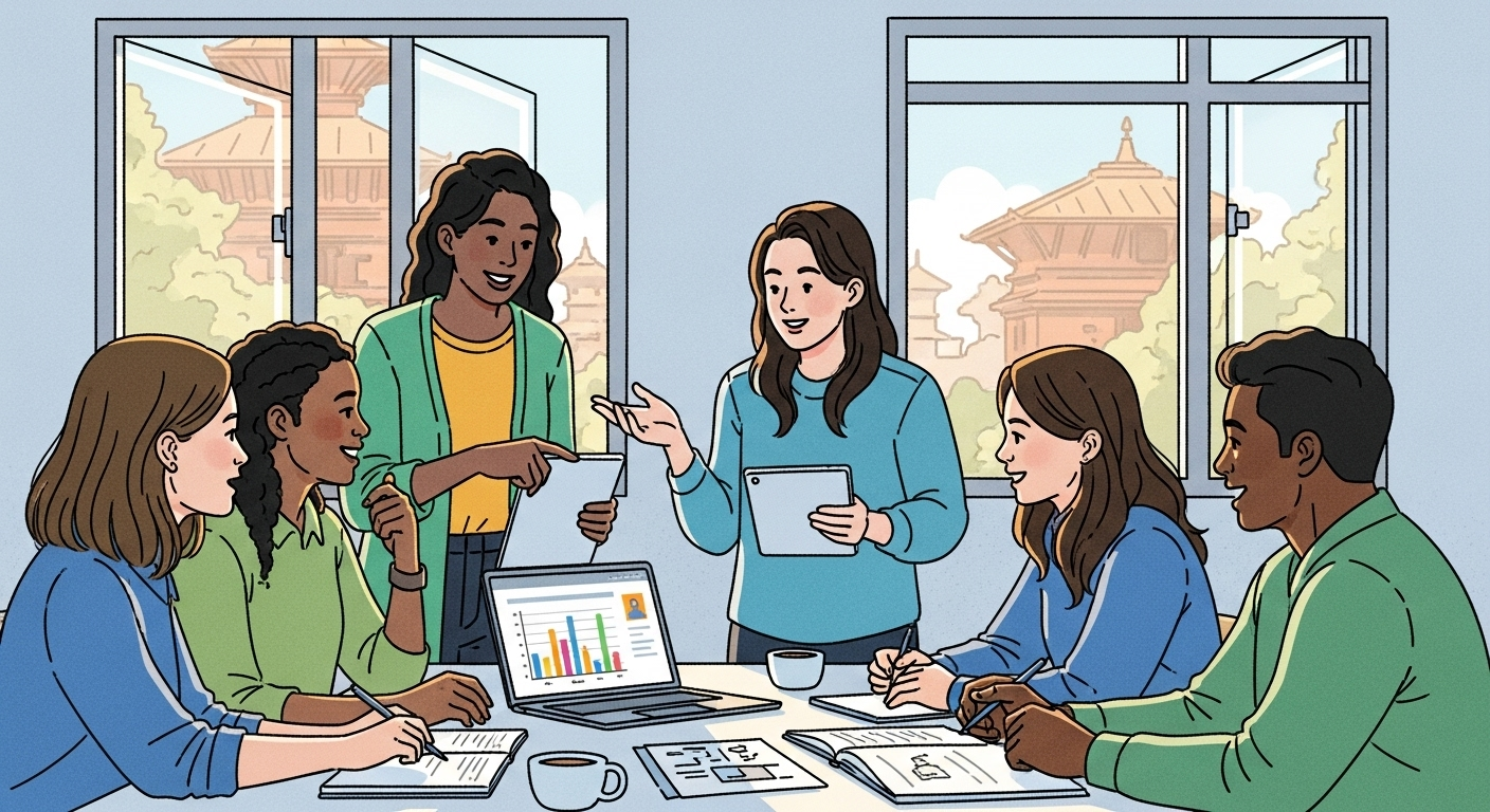 Digital marketing students discussing campaign strategies in Kathmandu classroom