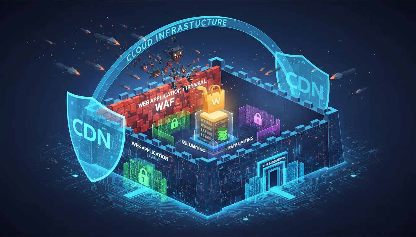 A stylized visual metaphor of a multi-layered digital fortress, with a prominent Web Application Firewall (WAF) and Content Delivery Network (CDN) as outer walls, protecting a central WooCommerce store icon from incoming digital attacks and bot swarms.
