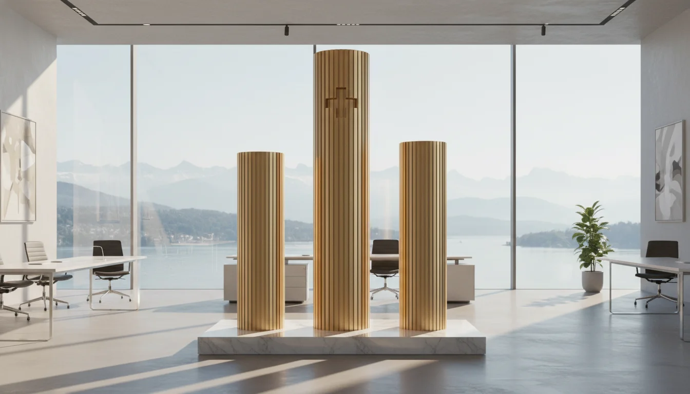 A conceptual, high-end 3D rendering of three golden pillars representing the Swiss pension system, set against a backdrop of a clean, modern financial office in Zurich. Soft sunlight streams through floor-to-ceiling windows, highlighting a sense of security, architectural balance, and long-term wealth preservation.