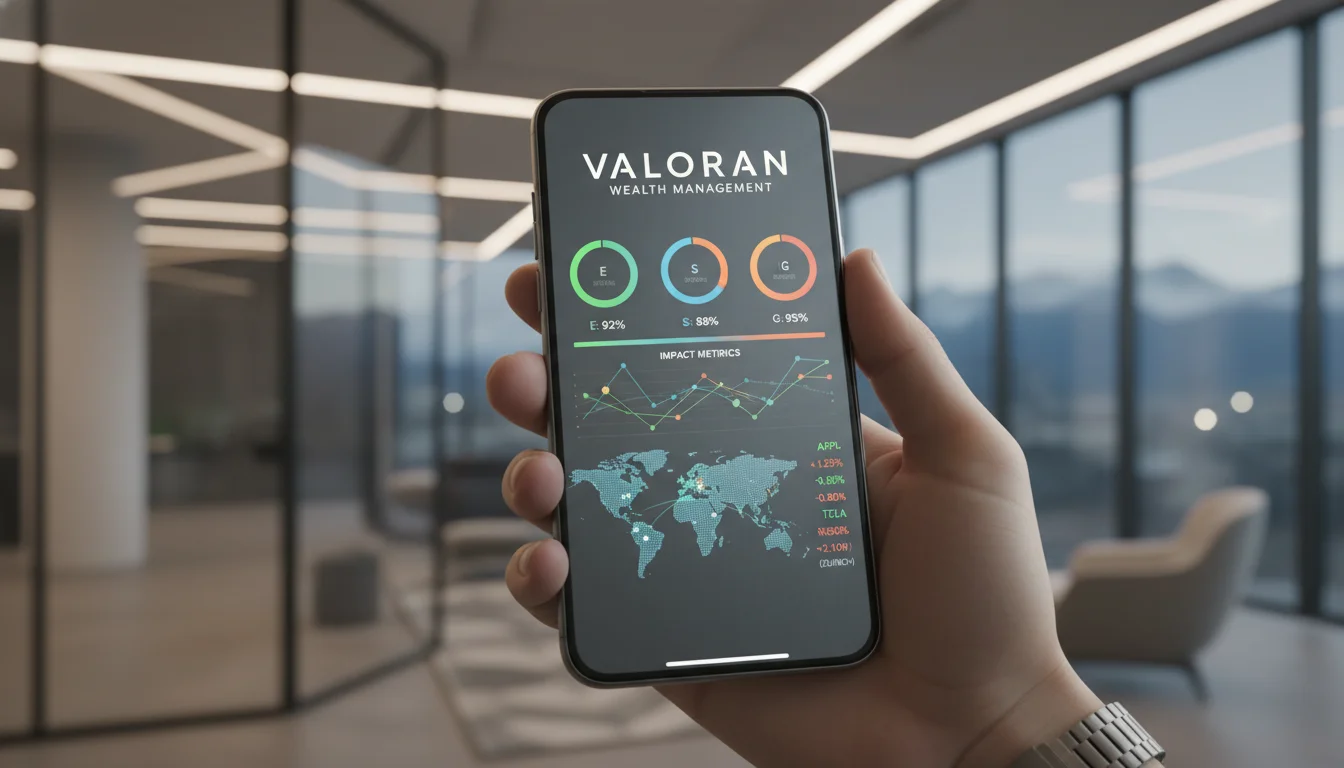 A close-up, cinematic shot of a high-net-worth individual's hand holding a sleek, modern smartphone. The screen displays a sophisticated wealth management interface with colorful ESG (Environmental, Social, and Governance) impact charts and real-time global portfolio data. The background shows a blurred, high-tech interior of a modern Zurich investment boutique.