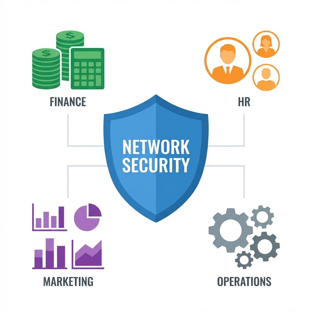 Shield protecting Finance, HR, Marketing, and Operations assets