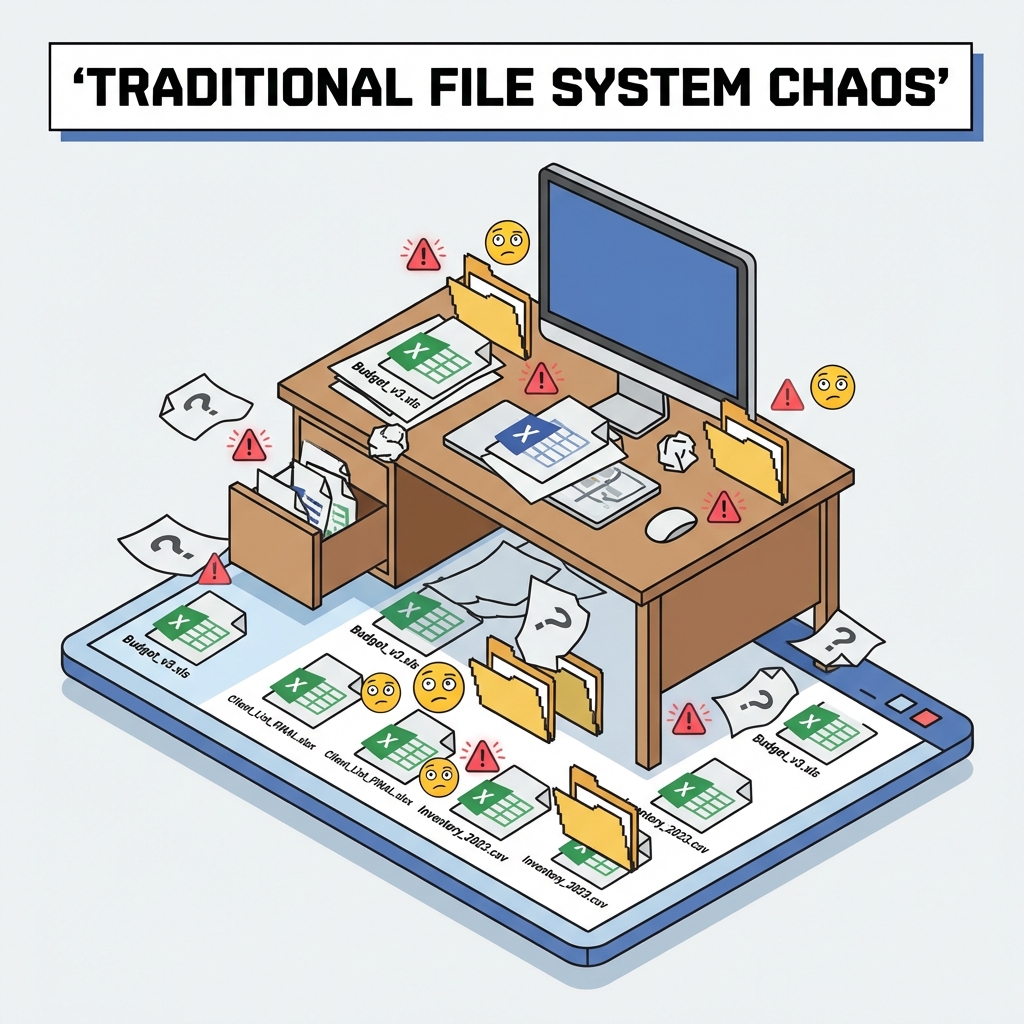 Messy file folders and spreadsheets chaos