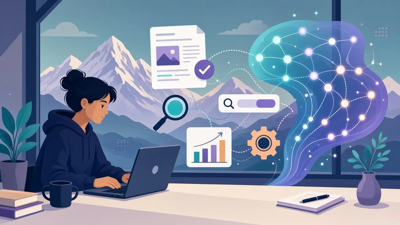 A student working alongside an AI assistant on marketing copy, analytics and search results