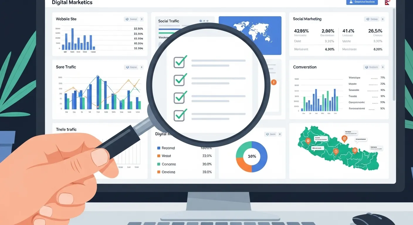 A magnifying glass meticulously examining detailed digital analytics data displayed on a clean dashboard with charts and a checklist, reflecting a precise audit for digital marketing in Nepal.