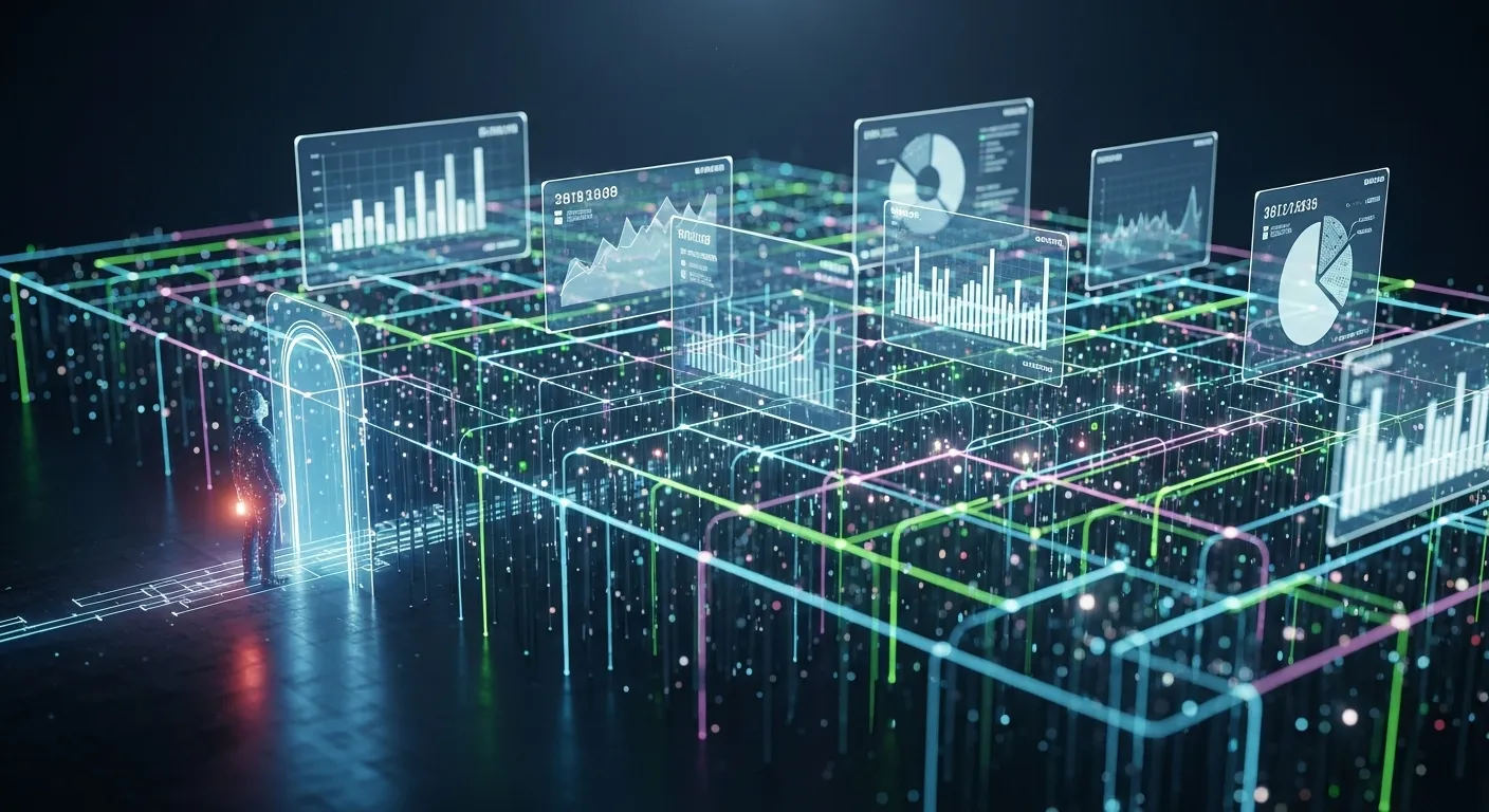Navigating a convoluted maze of glowing digital data, charts, and cryptic numbers, illustrating the complexities of analytics.