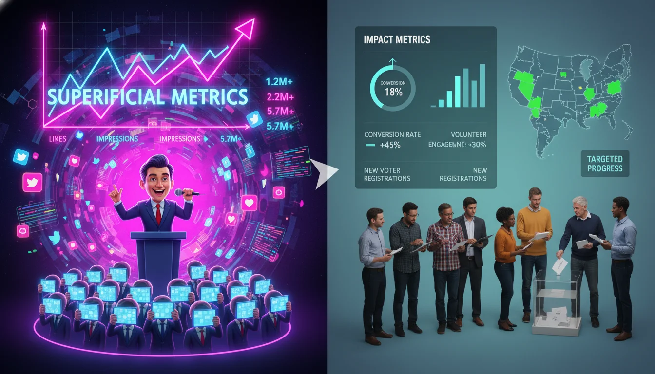 A split image contrasting political campaign data. On one side, a chaotic, upward-trending graph of 'likes' and 'impressions' with a politician giving a speech to a small, isolated echo chamber. The overall visual tone is superficial and misleading. On the other side, a precise, strategic dashboard with clear conversion rates and a diverse group of voters engaging meaningfully in discussions or at polling stations, leading to a visible electoral map showing targeted progress. The mood is one of stark contrast between illusion and reality, emphasizing the difference between vanity and impact metrics.
