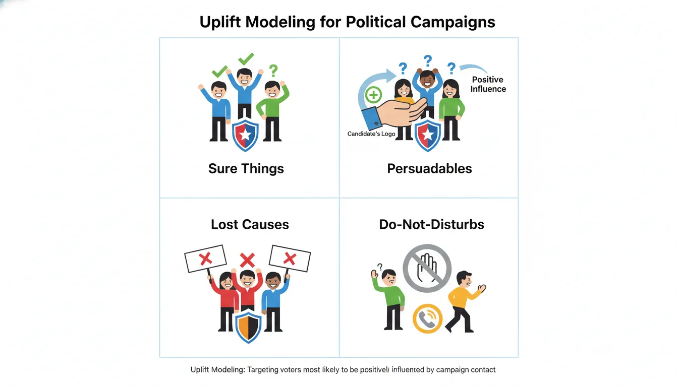 An infographic-style illustration of 'Uplift Modeling' for political campaigns. Four distinct quadrants. Top-right: 'Persuadables' (voters with question marks, being gently nudged towards a candidate's logo with an arrow indicating positive influence). Top-left: 'Sure Things' (voters already cheering for the candidate, a green checkmark). Bottom-left: 'Lost Causes' (voters clearly supporting the opponent, a red X). Bottom-right: 'Do-Not-Disturbs' (voters actively reacting negatively to campaign contact, a 'do not disturb' sign or a voter turning away). Use clear icons and a clean, strategic design.