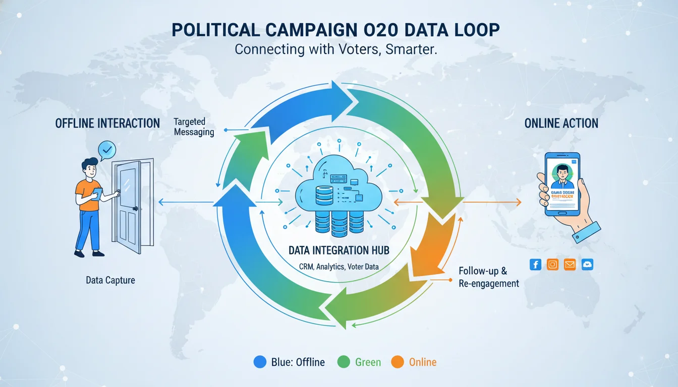 A clear, infographic-style image illustrating the Offline-to-Online (O2O) data loop in a political campaign. Show a continuous cycle where an offline interaction (e.g., a person knocking on a door holding a tablet) seamlessly feeds data into a digital database (represented by server racks or cloud icons), which then triggers an online action (e.g., a targeted digital ad displayed on a smartphone). Use arrows and connected nodes to emphasize the bi-directional data flow, incorporating modern tech aesthetics with a focus on data integration.