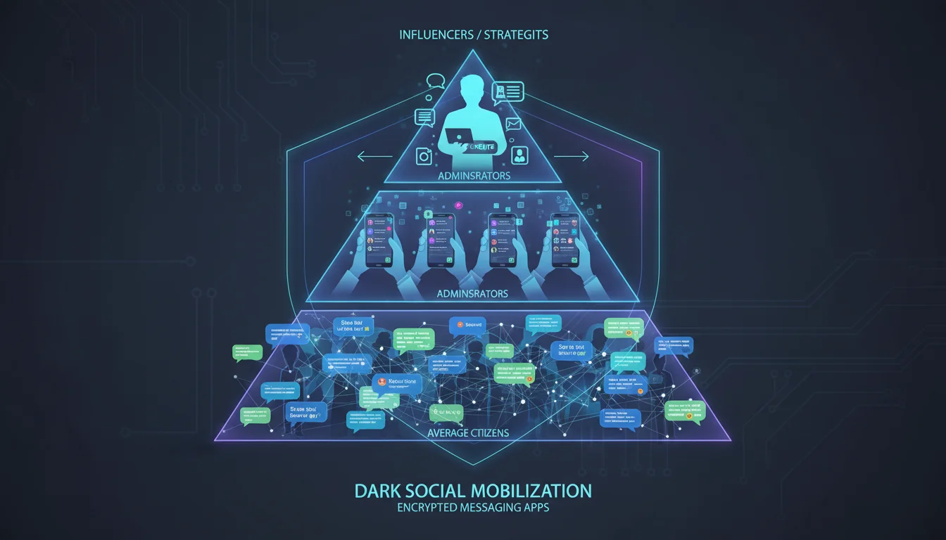 An image depicting a hierarchical pyramid structure of 'dark social' mobilization using encrypted messaging apps like WhatsApp. At the top of the pyramid, show 'Influencers' or strategists creating content. The middle layer should represent 'Administrators' managing multiple chat groups on mobile phone screens. The base of the pyramid should illustrate 'Average Citizens' engaging in peer-to-peer sharing within their personal networks, indicated by chat bubbles and subtle network lines. The overall aesthetic should convey a sense of a structured, digital 'militia' operating in a private, interconnected manner.