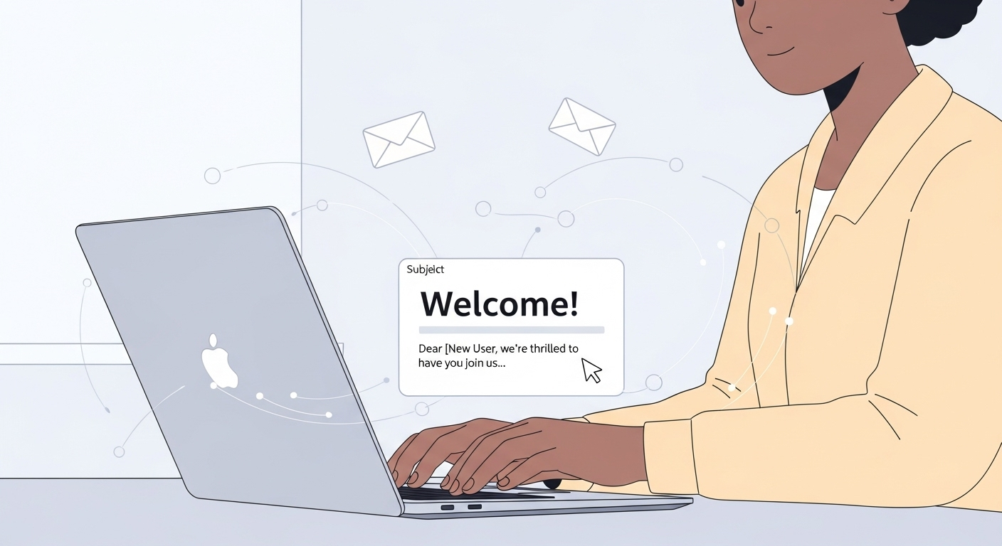 A person typing on a laptop, symbolizing a welcome email being crafted.