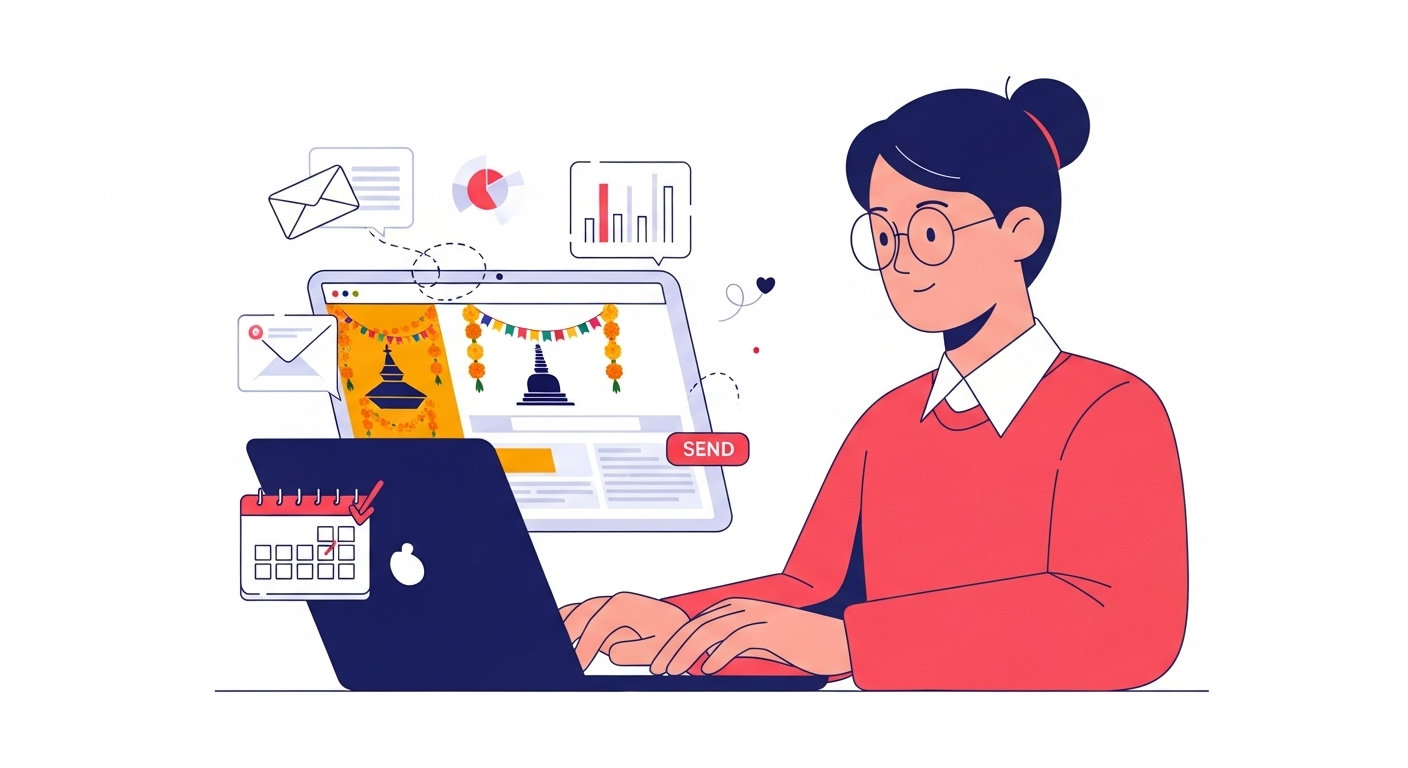 A person typing on a laptop, symbolizing a seasonal email campaign for a Nepali festival.