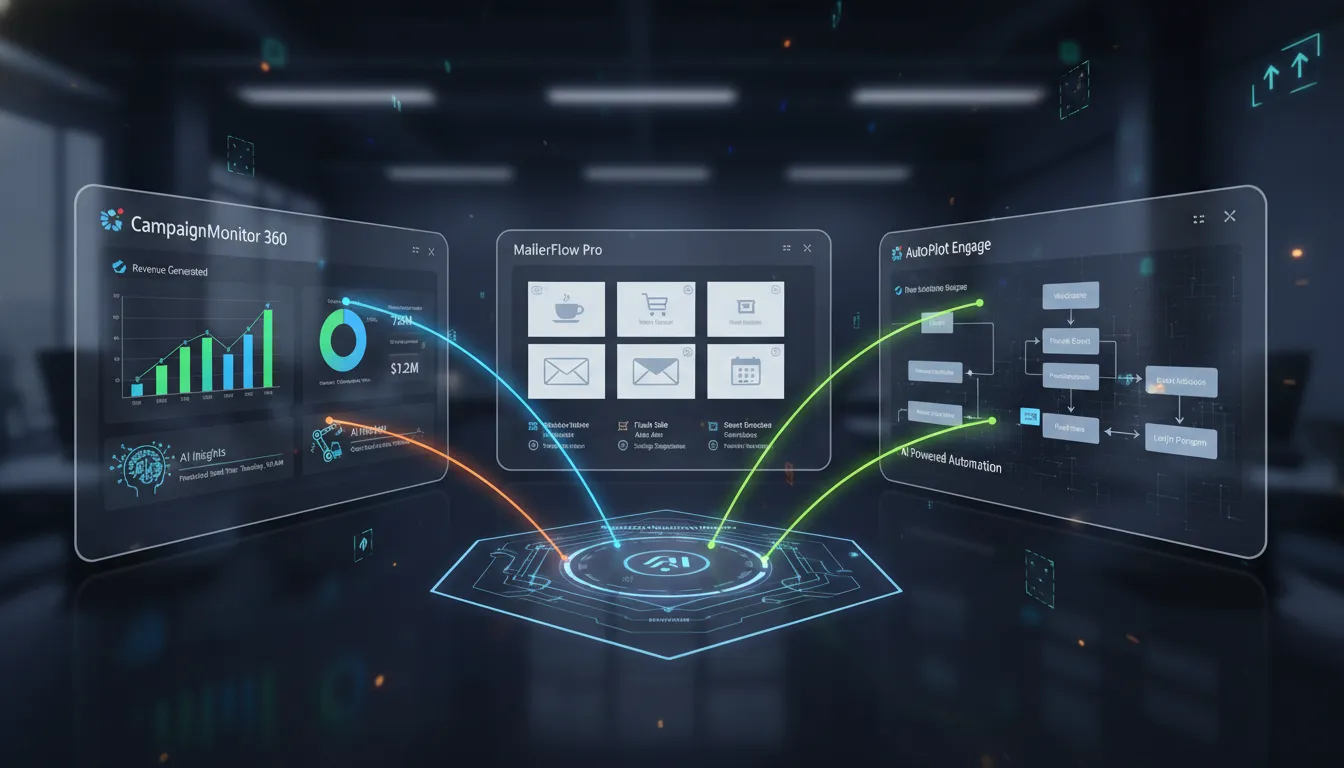 An illustrative image comparing various email marketing software interfaces, showing features like analytics dashboards, email templates, and automation workflows. Incorporate modern digital design, subtle AI elements, and a sense of strategic evaluation, perhaps with light beams connecting different platforms, representing data flow and comparison.