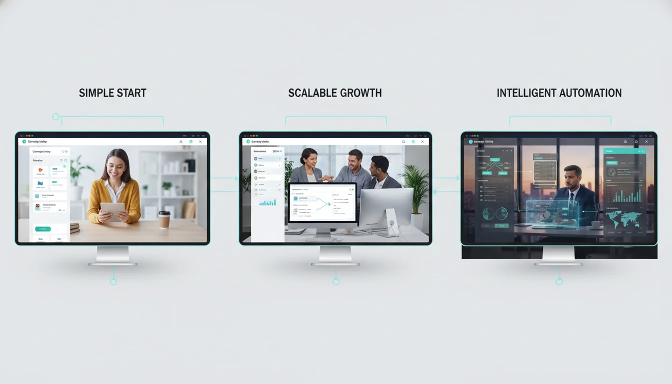 Visual representation of different email marketing software tiers, from simple interfaces for small businesses to more complex dashboards for growing companies. Show diverse users interacting with clean, modern UIs, illustrating scalability and ease of use in a digital, professional setting, with elements like simple drag-and-drop builders and more advanced automation workflows.