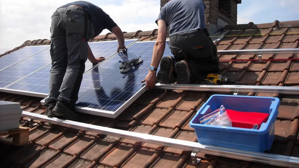 Two workers installing solar panels on a tiled roof
