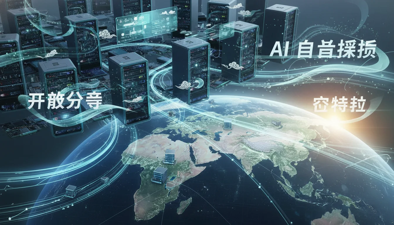 A digital illustration showing advanced microchips and servers, some with subtle Chinese design elements, representing domestic hardware self-sufficiency in AI. Emphasize cost-efficiency, open access, and a shift away from traditional compute monopolies. Include flowing data streams and a global reach, but with a focus on non-Western infrastructure.