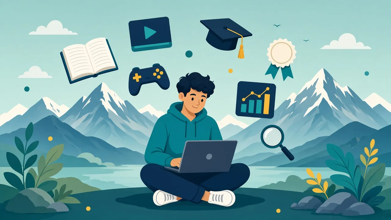 A college student surrounded by free learning resources: course notes, videos, games and analytics dashboards