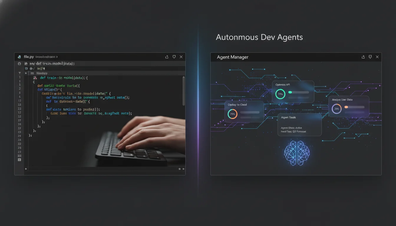 A split-screen or side-by-side depiction of two distinct IDE interfaces: one showing a traditional code editor with lines of code, syntax highlighting, and a human typing; the other showing a futuristic 'Agent Manager' dashboard with flowing data streams, task cards, progress indicators, and abstract AI elements, illustrating the bifurcation of developer workflow, dark mode, minimalist, conceptual.