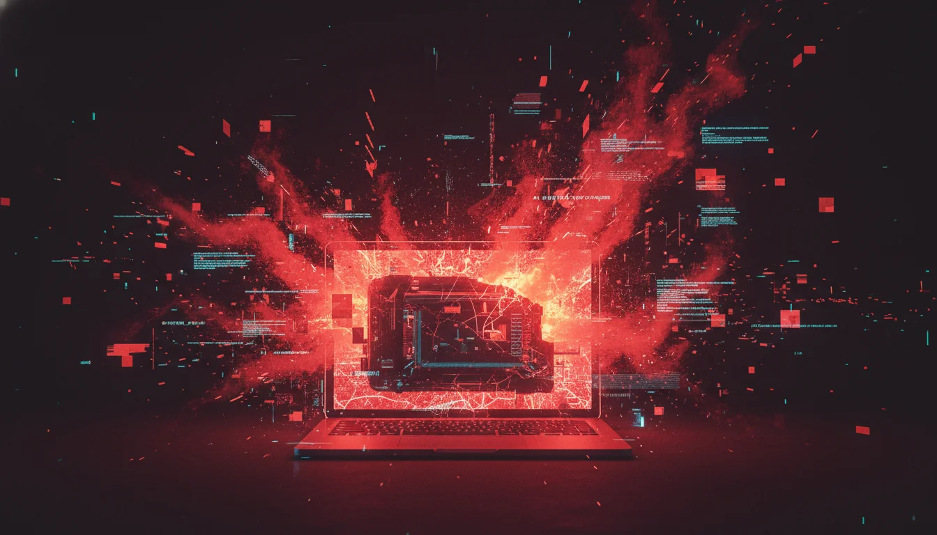 An abstract visual representation of system overload: a sleek, high-tech laptop or workstation glowing red with heat, emitting digital smoke or distorted data streams, surrounded by fragmented code snippets and error messages, symbolizing thermal throttling and performance instability under heavy AI agent workload, cybernetic, glitch art, dark background.