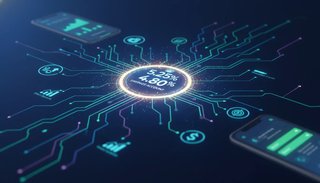 An abstract digital illustration showing interconnected financial conditions and incentives (like arrows, branching paths, and small icons representing direct deposits or transaction volumes) leading to a large, glowing savings account icon with high percentages, against a backdrop of modern digital banking apps.