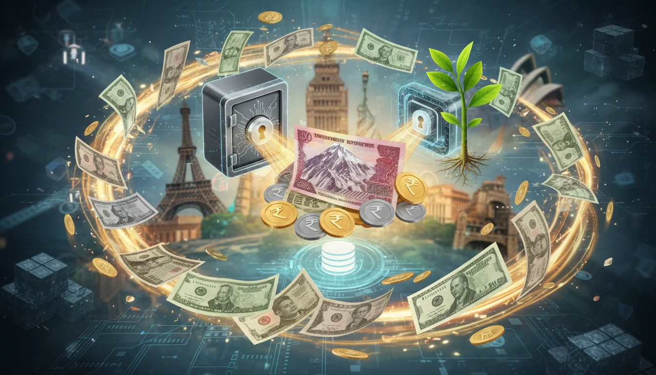 A digital illustration showing various global currencies transforming into Nepalese Rupees, flowing into a secure digital vault or a growing plant, symbolizing remittance inflows and wealth generation. The background should subtly hint at different international locations and modern financial technology.