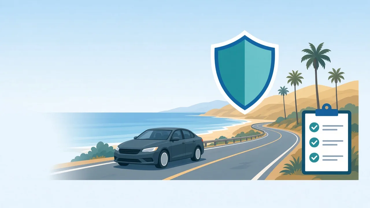 A car on a California coastal highway with a protective shield and checklist