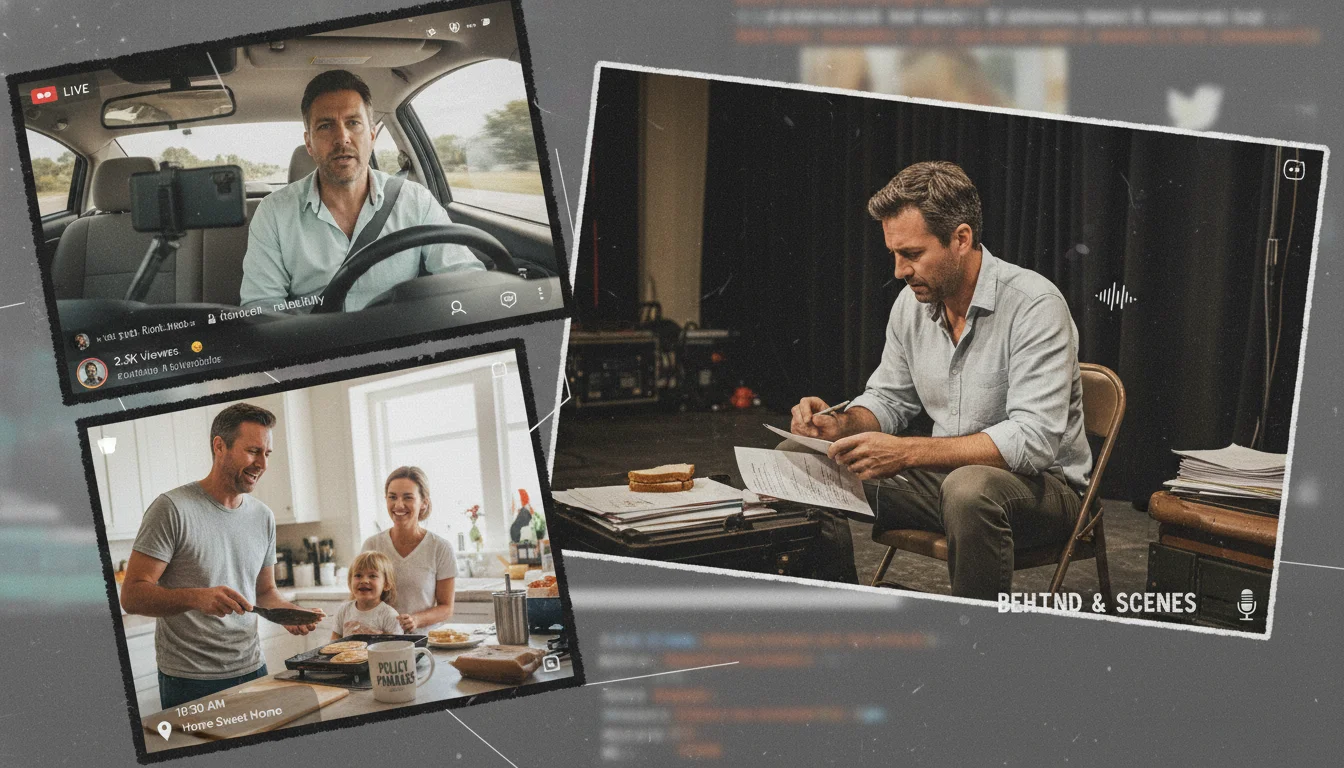 A dynamic, multi-panel collage representing diverse 'authentic' political content archetypes. One panel shows a candidate candidly speaking to a camera in a car, another shows them in a relaxed kitchen setting, and a third depicts a 'behind-the-scenes' moment like reviewing notes or eating on a campaign trail. The overall aesthetic should be modern, slightly raw, and genuine, symbolizing the humanization strategy in political campaigning. Digital content elements like social media interfaces can be subtly integrated.