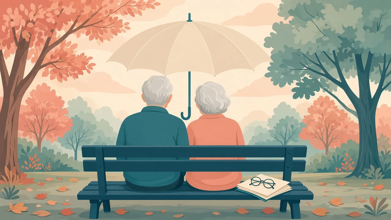 An older couple on a park bench under an umbrella with a policy document
