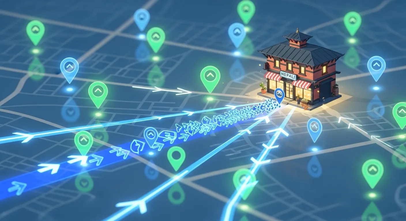 A bustling Nepali storefront prominently shines as the central focus of a digital map, with numerous glowing location pins and directional arrows guiding a significant flow of local customers directly towards it, illustrating dominant local SEO.