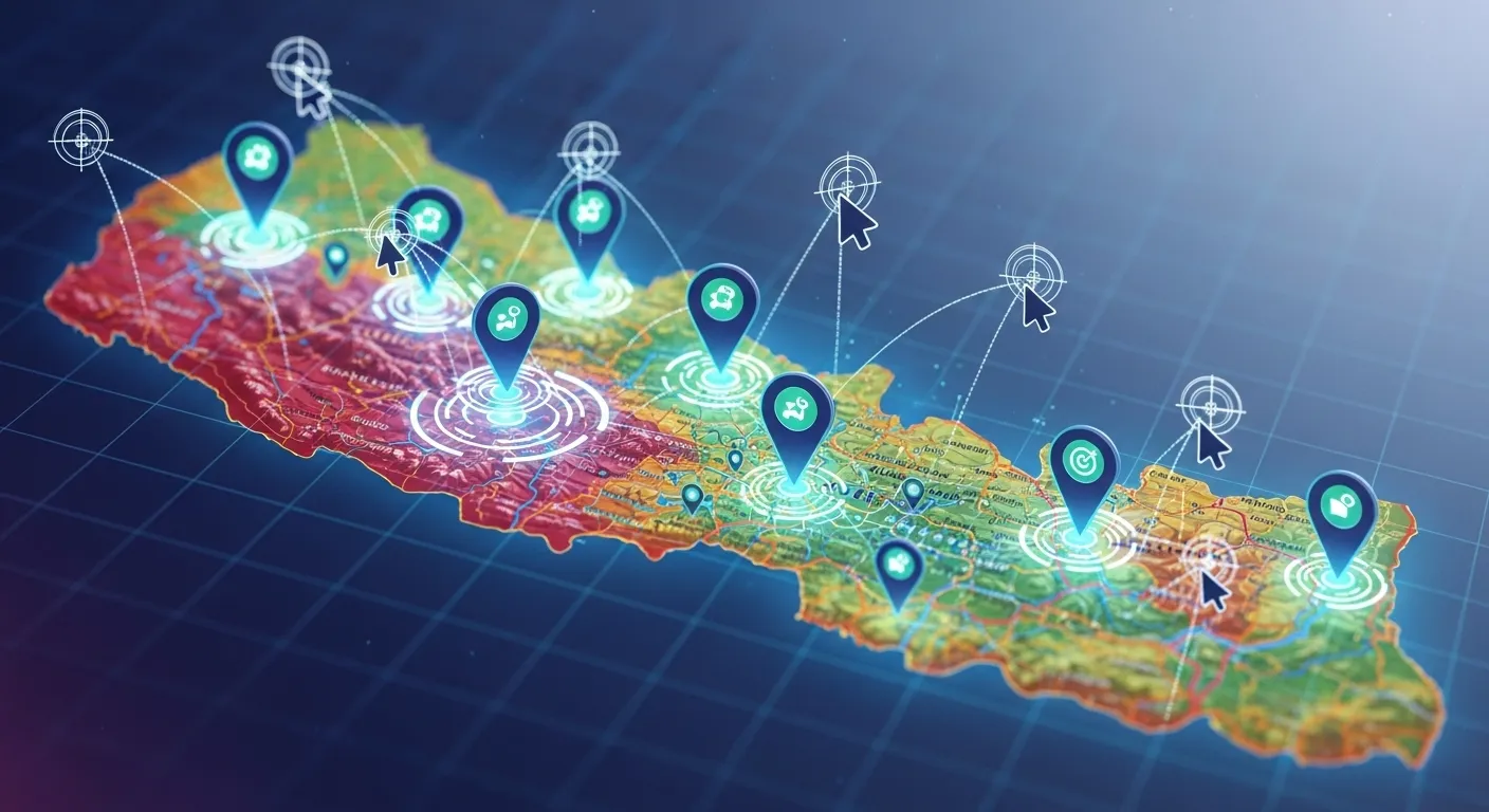 Digital targeting cursors and glowing location pins precisely define specific regions on a vibrant, detailed map of Nepal, illustrating localized Google Ads strategy.