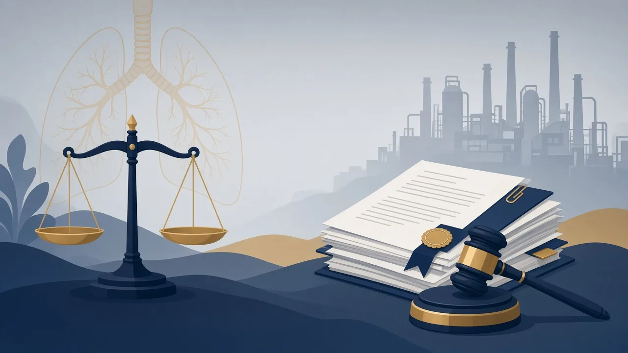 Scales of justice, legal documents and a gavel in front of an industrial skyline