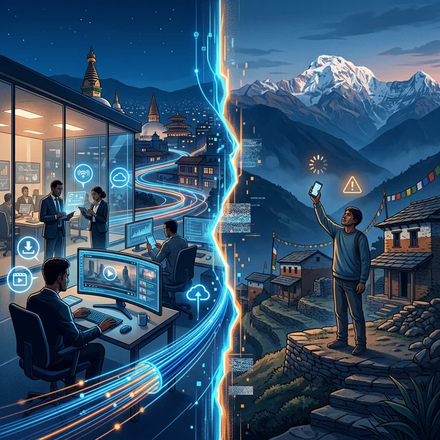 Illustrate the stark contrast of internet access and consumption in Nepal. On one side, show a bustling urban Nepali setting with individuals effortlessly streaming content on high-speed internet. On the other side, depict a rural Nepali setting where people are carefully managing mobile data, perhaps downloading videos to watch later or seeking out a spot with better signal, emphasizing the concept of 'data rationing' and the 'digital divide'.