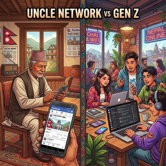 A multi-panel or layered illustration showcasing the distinct digital interactions of different Nepali demographics. One panel shows an older Nepali man (an 'Uncle') engaged with Facebook on his phone, surrounded by traditional Nepali elements. Another panel features a young, rural Nepali person actively using TikTok. A third panel depicts a group of Gen Z youth collaborating on Discord, possibly with protest signs or urban Nepali backdrops. Each panel should highlight the characteristic user behavior and platform within a Nepali cultural context.