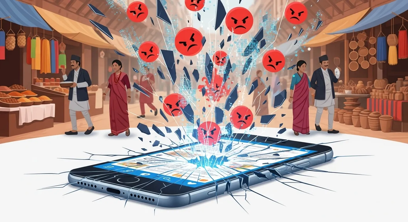 Shattered smartphone screen with distorted social media feeds, angry emojis, and digital fragments, signifying online reputation damage from Nepal social media failures in a bustling Nepali marketplace.