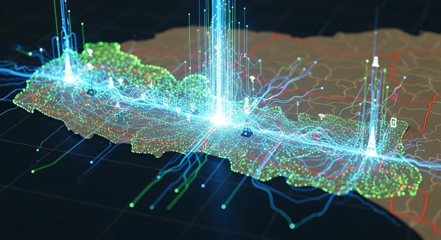 Vibrant digital pulse with glowing data streams and network connections across a stylized map of Nepal, highlighting peak online activity and mobile connectivity trends for digital marketing.