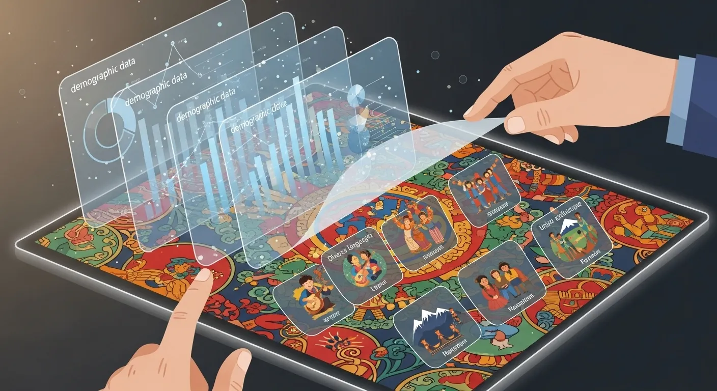 Hands peeling back transparent layers of demographic data on a digital screen, revealing a vibrant, intricate tapestry of Nepali cultural motifs, diverse languages, and unique individual stories beneath.