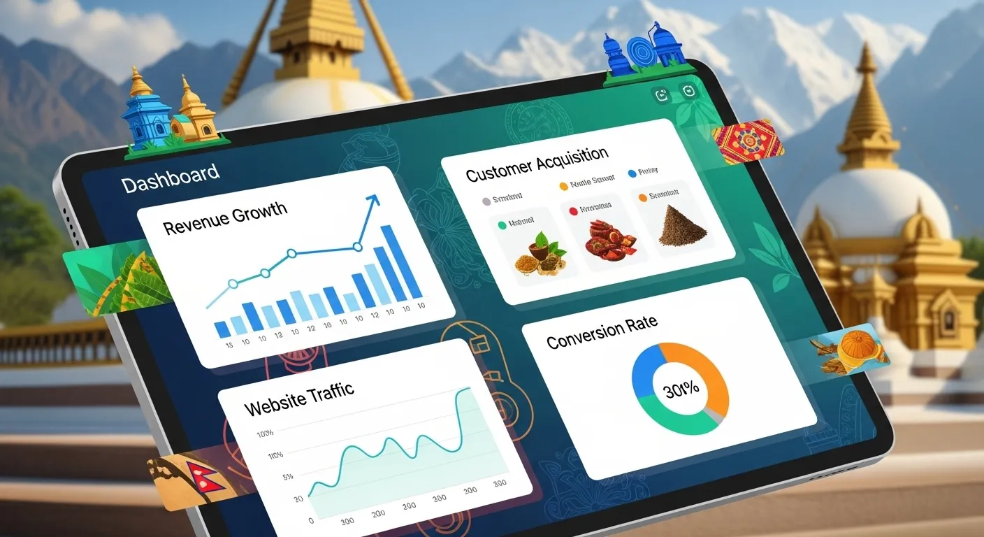 A vibrant digital dashboard displaying key performance indicators and growth charts, framed by elements of Nepali commerce, symbolizing data-driven business success.