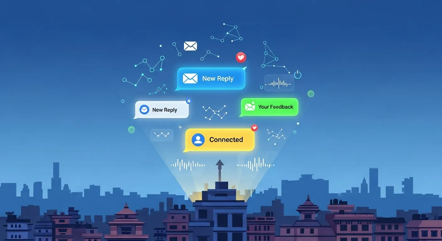 Vibrant email messages and glowing interactive elements rising above a modern Nepali cityscape, symbolizing high engagement and successful digital connections.