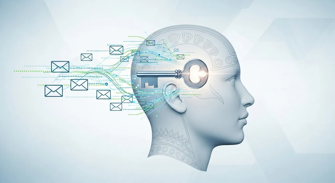 A stylized human head, subtly adorned with traditional Nepali patterns, with an abstract key turning in its temple, surrounded by a gentle cascade of email icons and digital data streams.