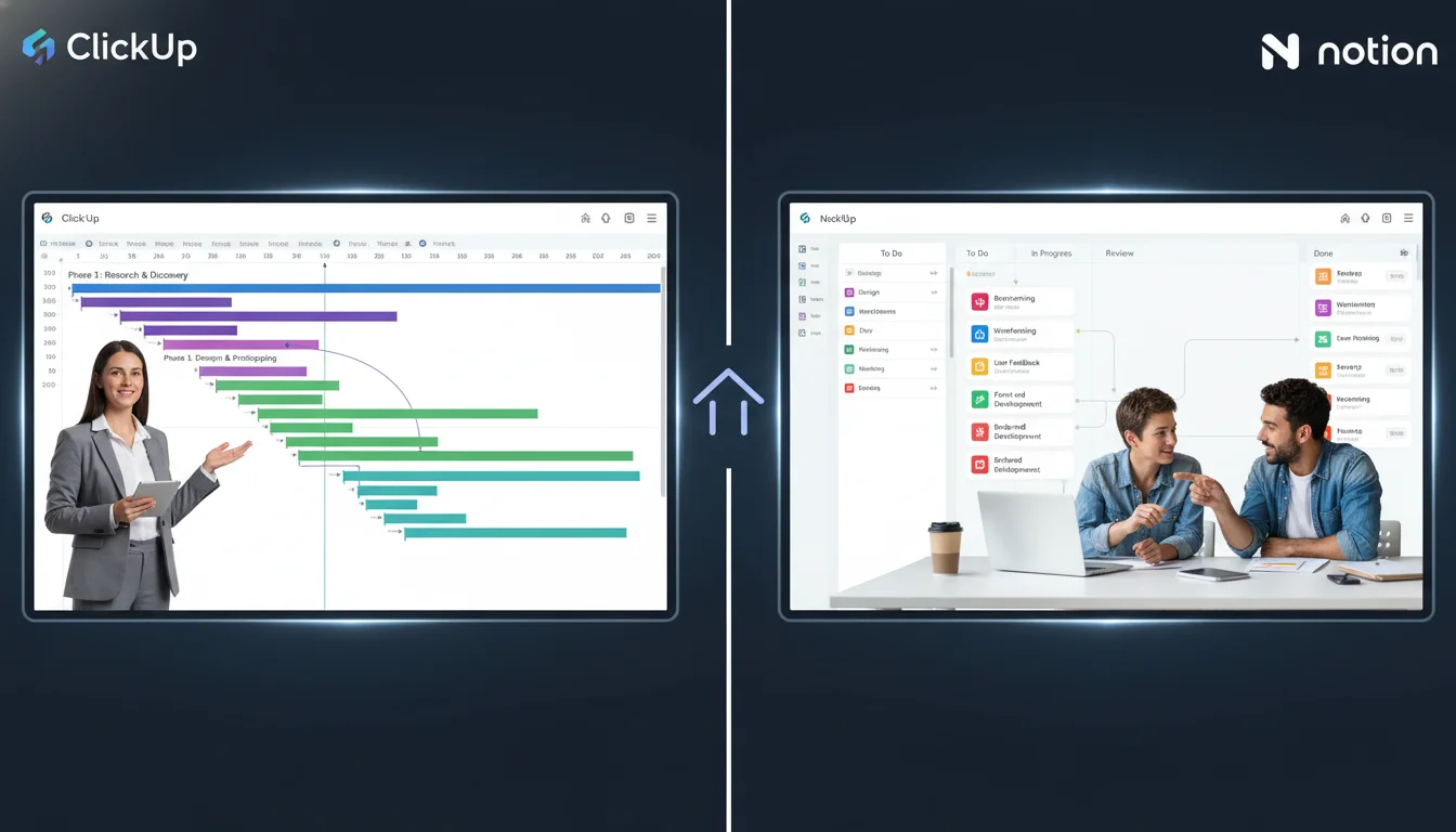 A dynamic split-screen image illustrating project management. On one side, represent ClickUp with a clear, structured Gantt chart, showing task dependencies and timelines, with a project manager confidently overseeing. On the other side, represent Notion with a more fluid, interconnected Kanban board or a custom database view of tasks, highlighting flexibility and a collaborative, less rigid approach. Use modern, clean UI elements for both, symbolizing efficiency and choice.