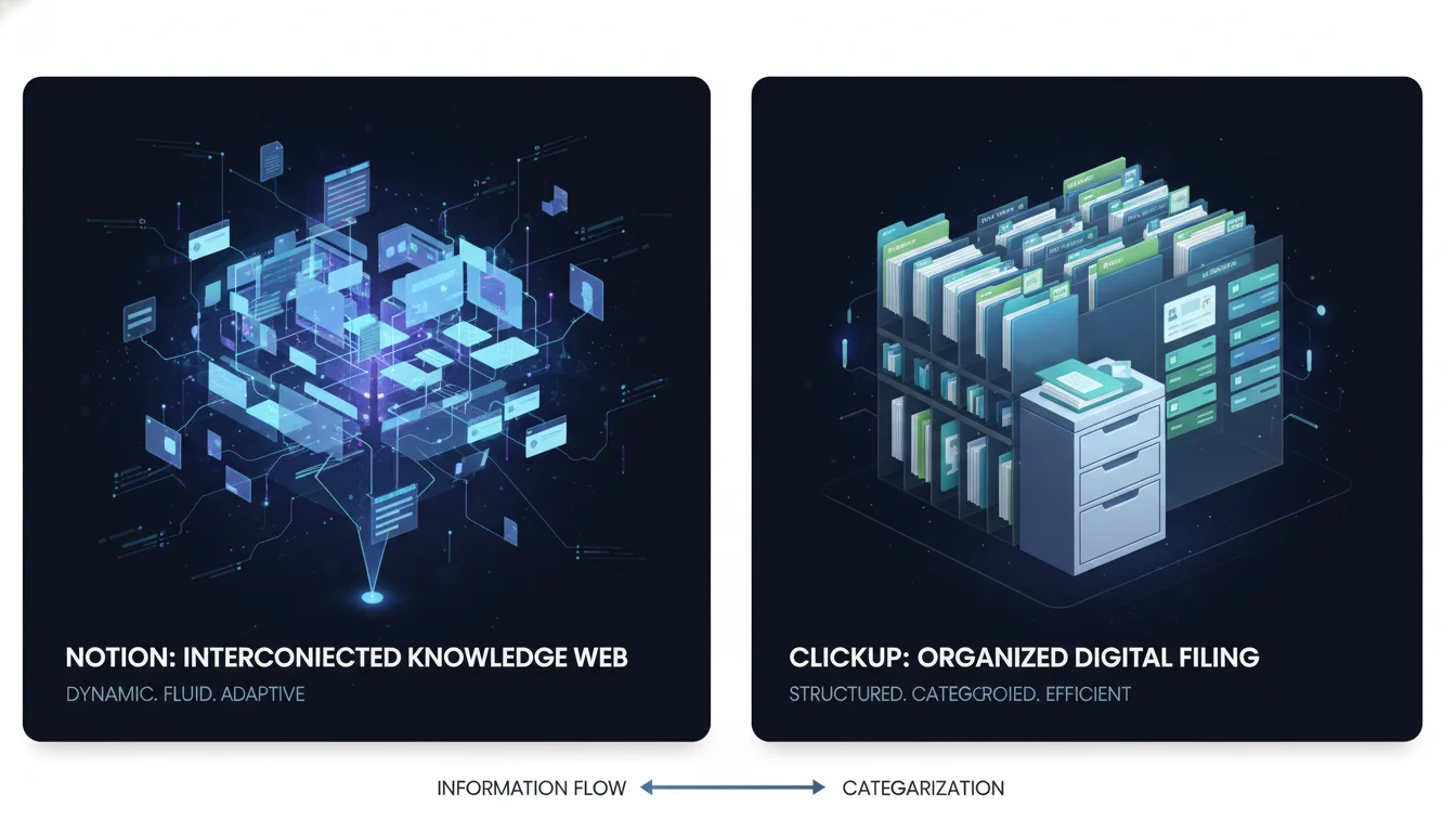 A conceptual digital illustration comparing knowledge management. On one side, depict Notion as a vast, interconnected web of documents, pages, and blocks, representing a dynamic 'organizational brain' or wiki, with glowing connections between ideas. On the other side, depict ClickUp with structured documents clearly organized within folders and tasks, resembling a well-maintained digital filing system. Emphasize seamless access and information flow in Notion versus clear categorization in ClickUp.