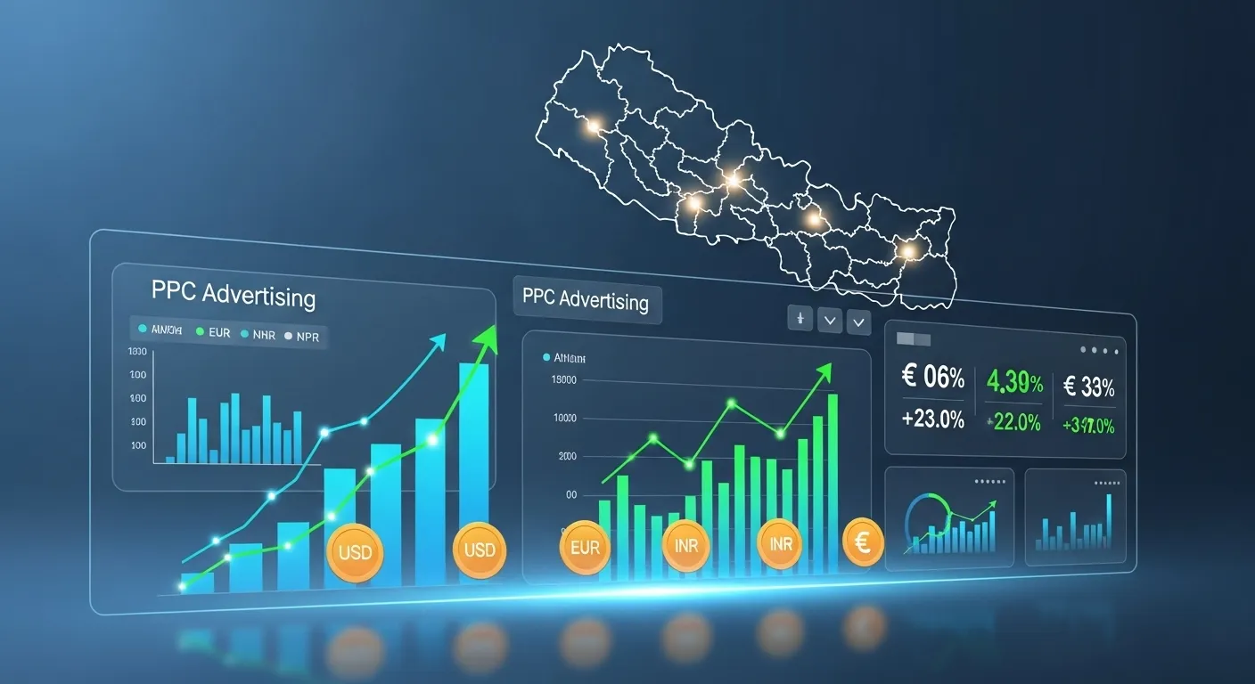 Strategic digital dashboard with growth charts and financial symbols over a map of Nepal, representing mastery of PPC advertising and digital marketing in Nepal.
