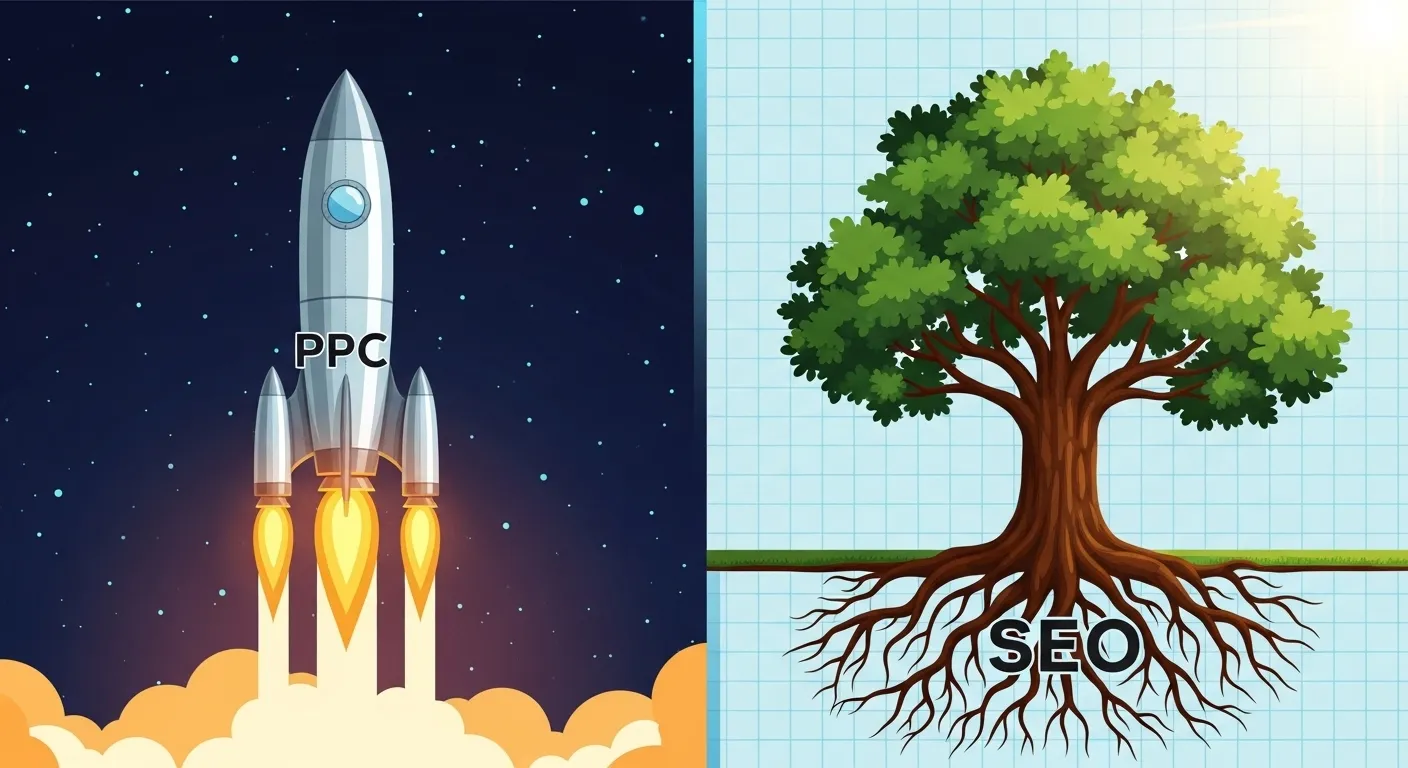 Digital contrast: a rocket (PPC) for immediate results and a growing tree (SEO) for long-term growth, illustrating digital marketing strategies in Nepal.