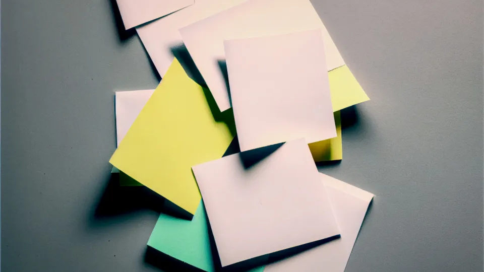 Scattered sheets of white, yellow, and green paper on a grey surface