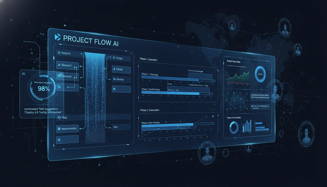 Digital illustration showing various project data visualizations (Kanban, Gantt, dashboards) seamlessly integrating with AI interfaces, highlighting predictive analytics and automated task suggestions within a project management platform for remote teams.