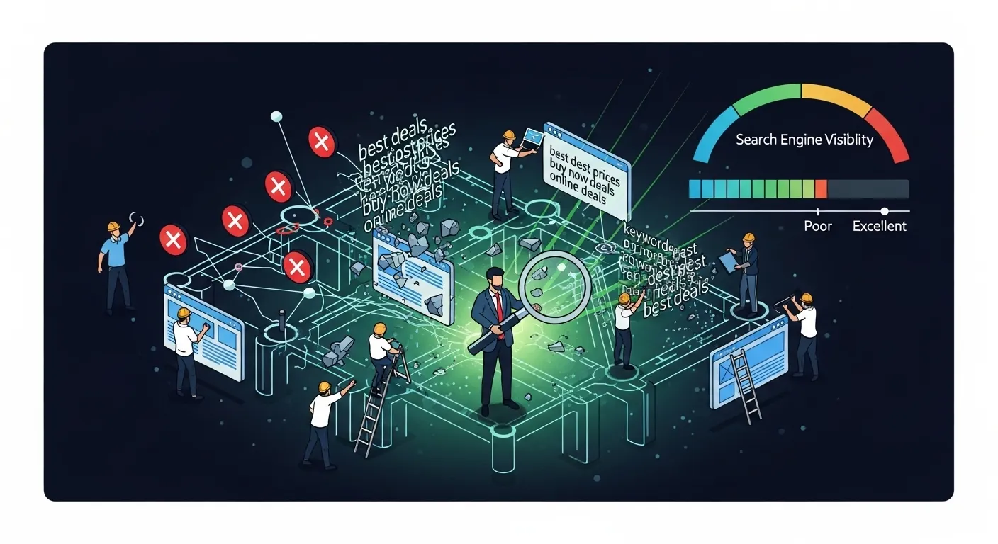 Website's digital architecture with visible SEO errors like broken links and keyword stuffing, undergoing repair for superior search engine visibility for Nepali businesses.