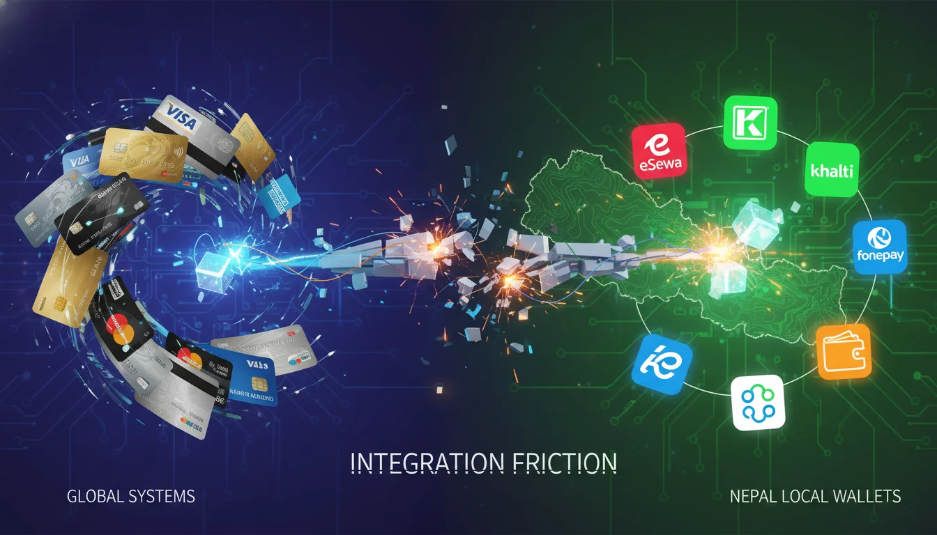 An abstract digital illustration showing two distinct payment ecosystems. On one side, classic credit cards and global payment logos. On the other side, local mobile wallet icons (e.g., eSewa, Khalti, Fonepay symbols) with a focus on an emerging market like Nepal. A symbolic, broken bridge or a complex, spark-filled gap connects them, representing the 'friction' in integration, with data flowing with difficulty between the two sides. Clean, technical, and slightly futuristic style.