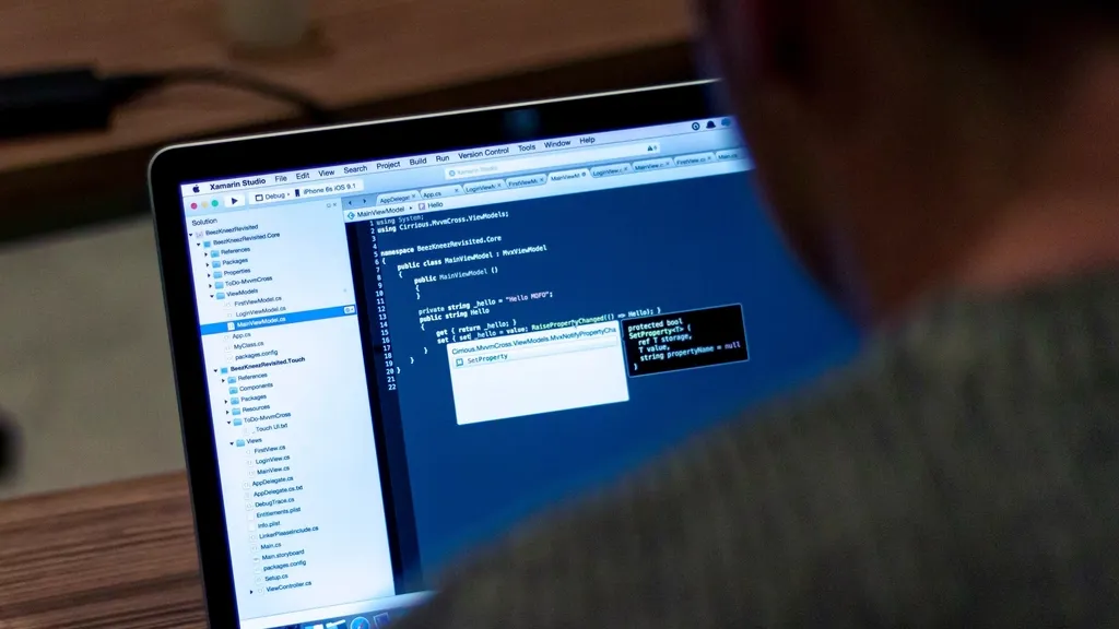 Developer looking at code on a laptop screen
